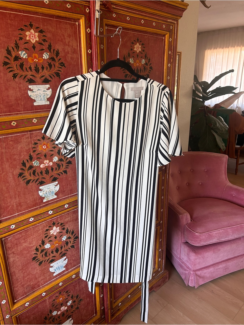 H&M Black and White Vertical Stripe Tie-Waist Mini Dress - Picture 2 of 4